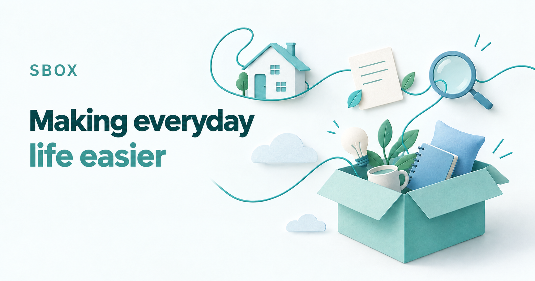 SBOX brand cover with a home, notes and an open box connected through everyday life